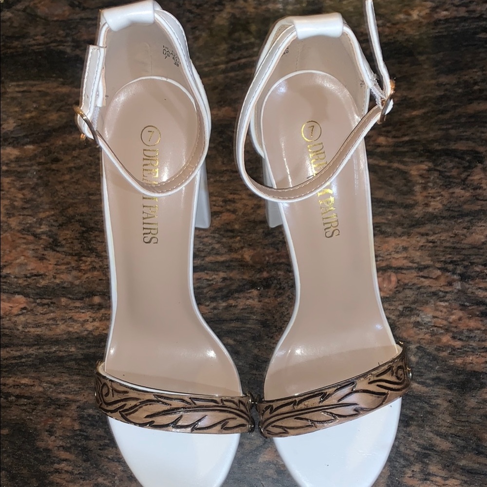 Dream Pairs White and Brown Heeled Sandals with Braided Detail
